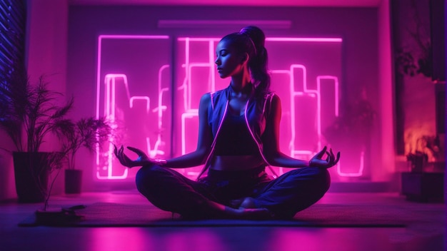 une femme méditant devant un panneau au néon qui dit yoga.