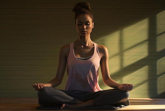 femme méditant à l'intérieur image de yoga intérieur dans le style rose et vert