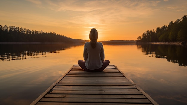 Photo une femme méditant sur le lac au lever du soleil.