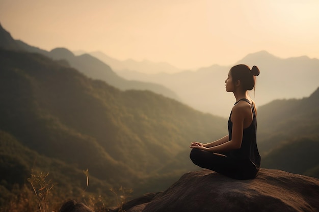 Une femme méditant sur une montagne avec le soleil se couchant derrière elle.