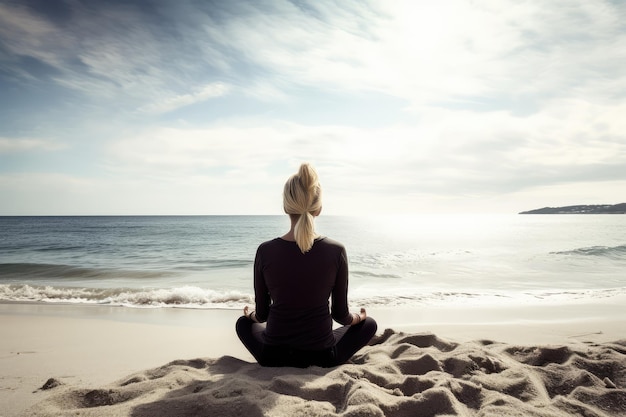 femme méditant sur la plage avec vue de derrière générée par l'IA