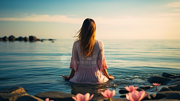 Photo une femme méditant sur la plage.