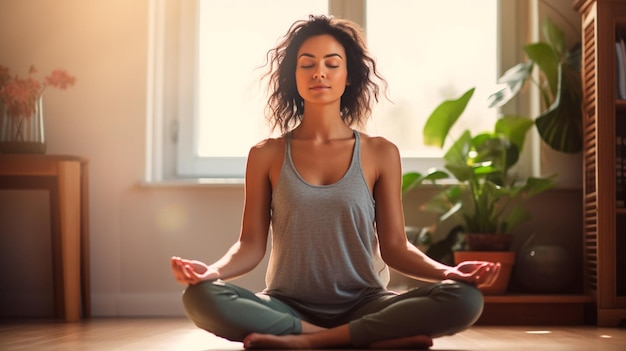 femme méditant en position de yoga à la maison Illustrateur d'IA générative