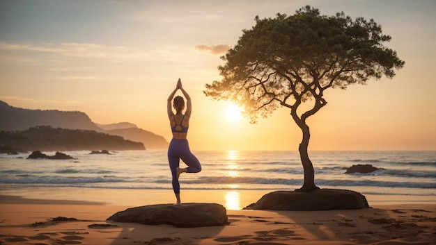 Photo femme méditant et pratiquant le yoga au bord du lac