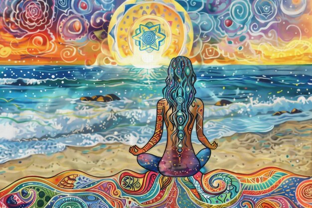 Photo femme méditant près de la mer schéma d'illustration des sept chakras