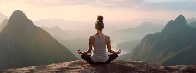 Une femme médite pratique le yoga en position de lotus au sommet de la montagne Generative Ai