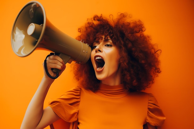 Une femme avec un mégaphone dans la bouche.