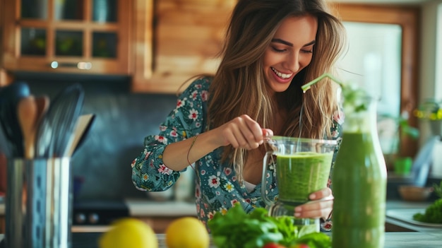 Photo une femme mélange un smoothie vert dans la cuisine.