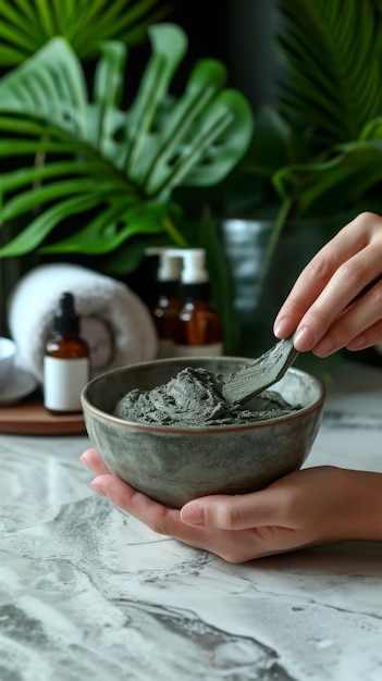 Photo une femme mélangeant un masque d'argile cosmétique