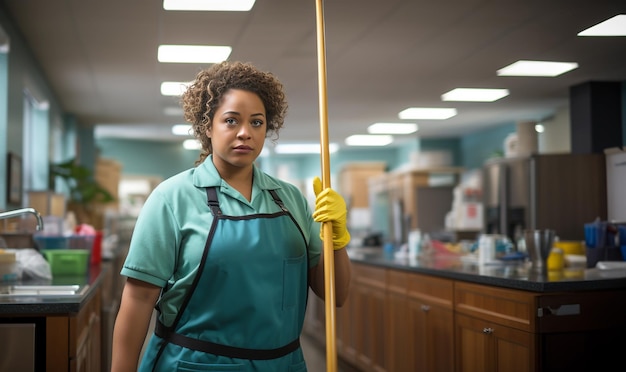 Photo une femme de ménage au travail nettoie un bureau vide une femme de nettoyage au travail portant une combinaison de ménage nettoyage