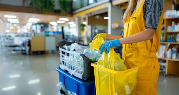 Une femme de ménage avec des gants en plastique ramassant les ordures dans des sacs
