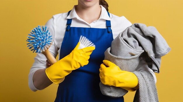 Une femme de ménage positive porte des gants de caoutchouc protecteurs, effectue une routine de nettoyage de la maison et tient une brosse.