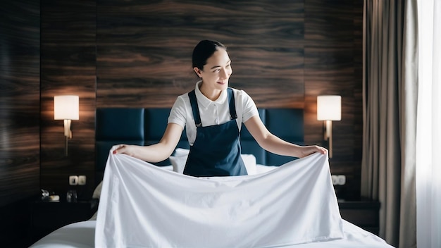 Photo une femme de ménage prépare un drap blanc dans une chambre d'hôtel.
