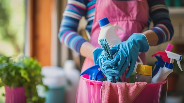 Une femme de ménage tenant un seau de produits de nettoyage dans ses mains sur un fond flou