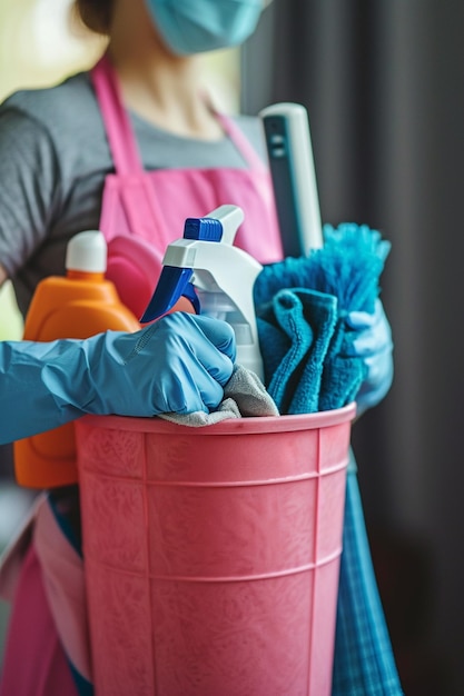 Une femme de ménage tenant un seau de produits de nettoyage dans ses mains sur un fond flou