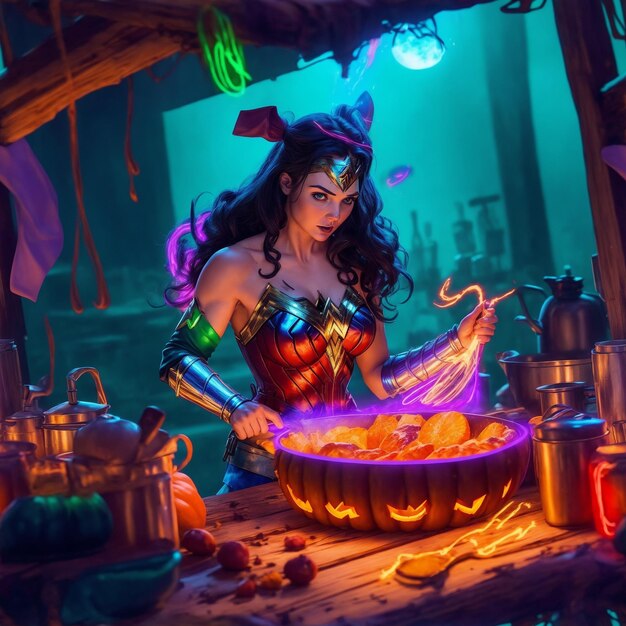 La femme merveilleuse d'Halloween cuisine dans une cuisine en bois.