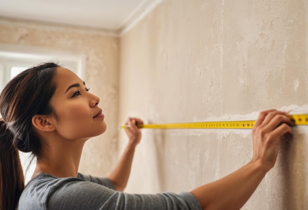 Une femme mesurant un mur avec concentration se prépare pour un projet de décoration de la maison