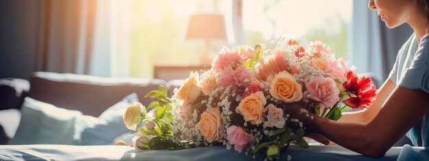 Une femme met un bouquet de fleurs dans la pièce Générative AI Nature