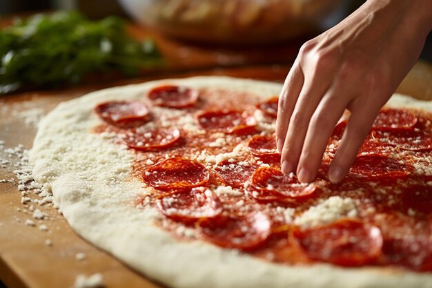 Une femme met du pepperoni sur de la pâte de pizza crue