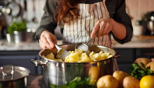 Une femme met une pomme de terre pelée dans un pot à la table de la cuisine.