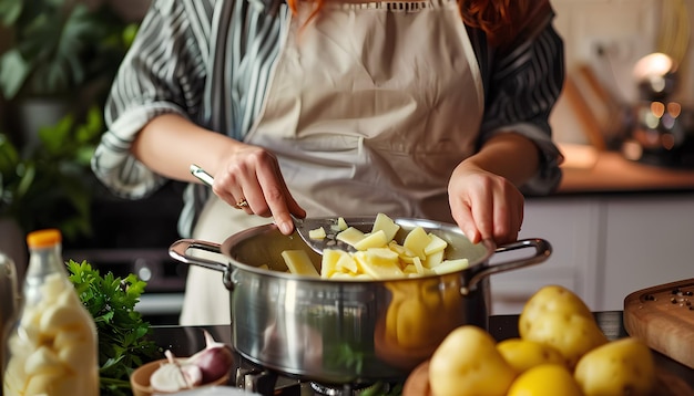 Une femme met une pomme de terre pelée dans un pot à la table de la cuisine.