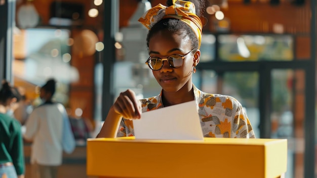 Une femme met son bulletin de vote dans une boîte