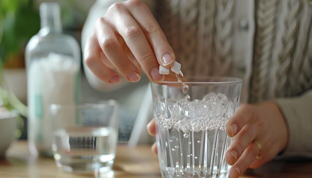 Photo une femme met une tablette effervescente dans un verre d'eau en gros plan