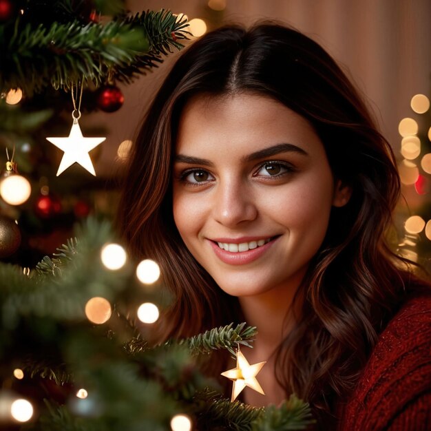 femme mettant un ornement d'étoile sur l'arbre de Noël souriant