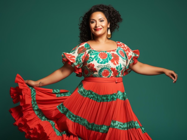 Femme mexicaine de 40 ans dans une pose dynamique émotionnelle sur fond solide