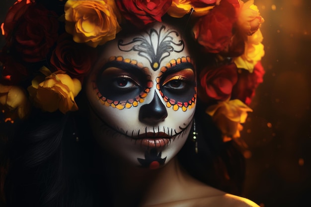Une femme mexicaine avec du maquillage de crâne de sucre et des fleurs.