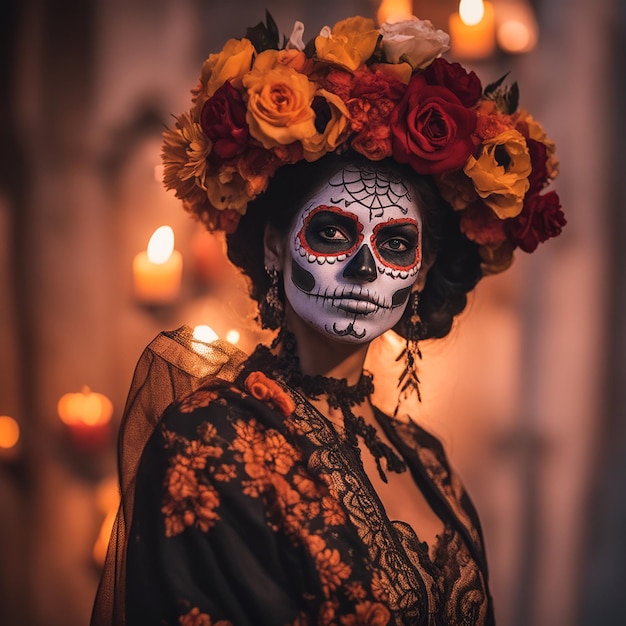 Femme mexicaine habillée allégoriquement pour le jour des morts avec des costumes traditionnels regardant le