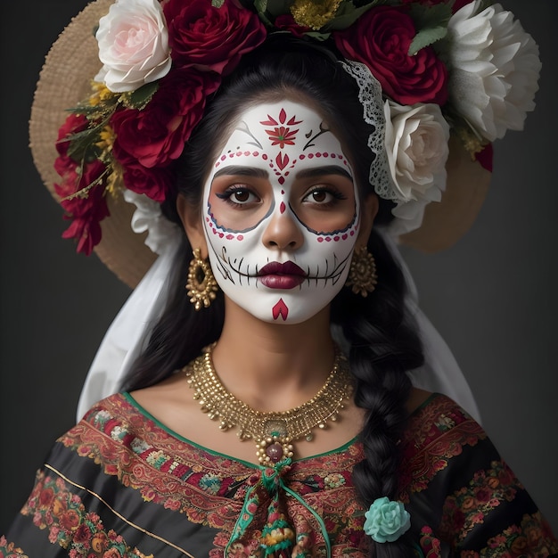 Femme mexicaine avec un maquillage de crâne de sucre et une couronne de fleurs sur la tête