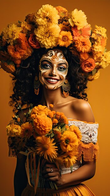 Femme mexicaine tenant un fleuriste de bouquet de fleurs au Jour des Morts