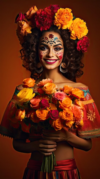 Femme mexicaine tenant un fleuriste de bouquet de fleurs au Jour des Morts