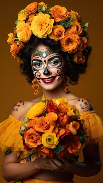 Femme mexicaine tenant un fleuriste de bouquet de fleurs au Jour des Morts