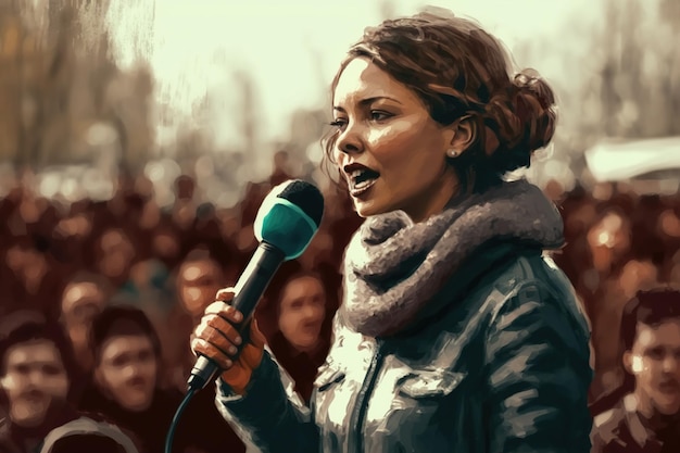 Une femme avec un microphone élève la voix devant une foule qui les inspire Ai généré