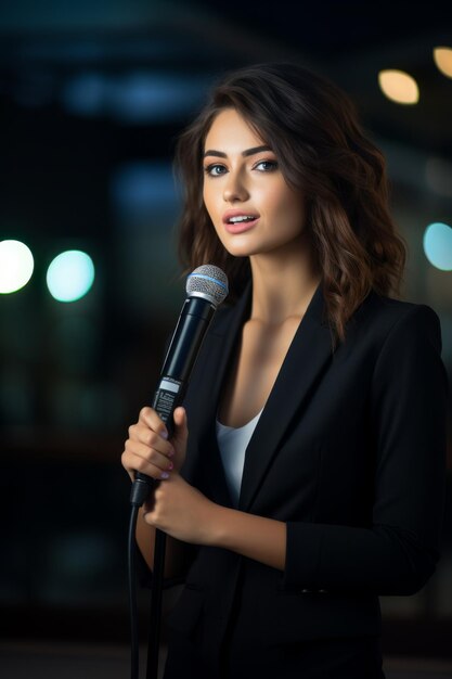 femme avec un microphone lors d'une conférence publique IA générative