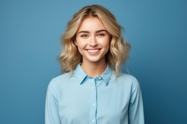 Photo une femme mignonne avec un sourire parfait sur un fond bleu