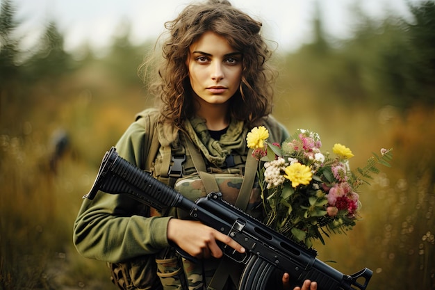 Une femme militaire avec un pistolet et des fleurs.