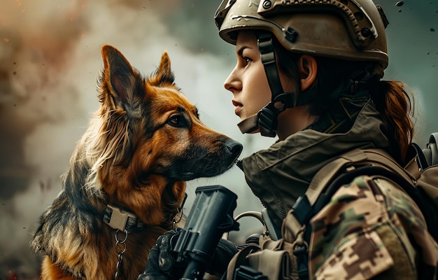 Photo une femme militaire et son chien une image du propriétaire du chien avec un casque