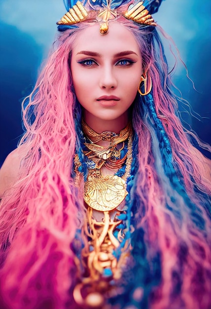 Femme à la mode beauté fictive rose fantaisie aux cheveux roses et aux yeux bleus. Fille rose créative.