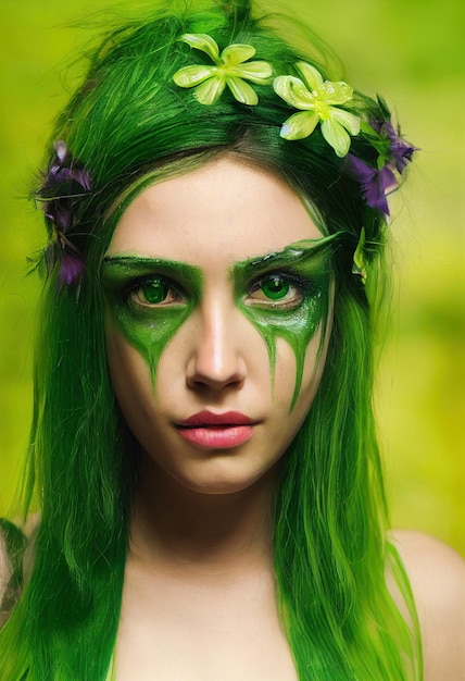 Femme à la mode de beauté fictive verte fantastique aux cheveux verts et aux yeux verts