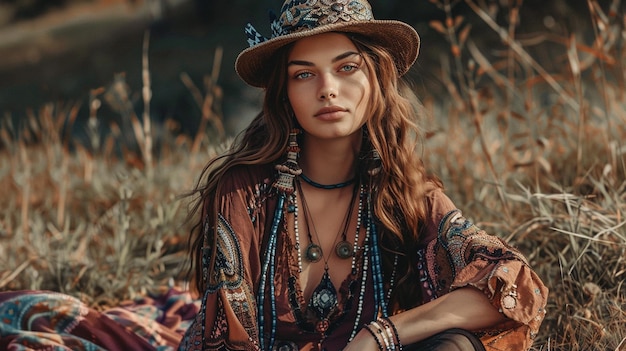 Une femme de mode bohémienne assise sur une couverture avec un chapeau ensemble éclectique