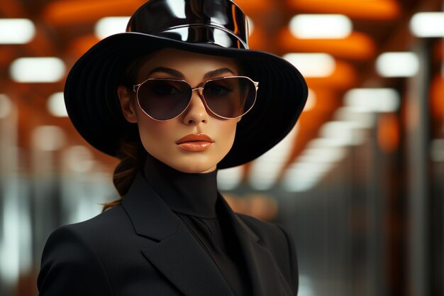 Photo une femme à la mode avec un chapeau noir.