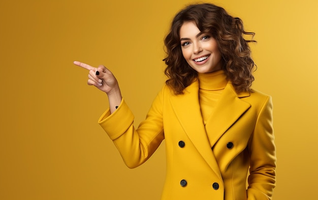 Photo femme à la mode dans un manteau jaune indiquant