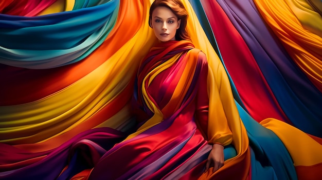Femme de mode dans des tissus colorés comme des couleurs carnaval look incroyable maquillage visage attrayant