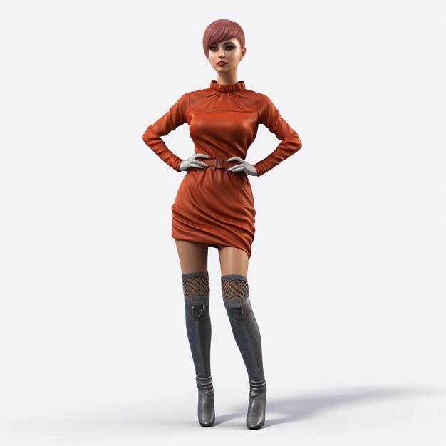 Photo une femme de mode isabella en 3d dans une robe orange et des chaussettes hautes jusqu'aux genoux