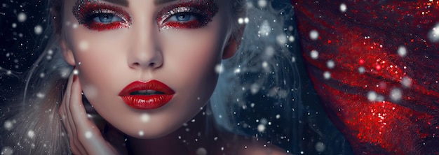 Femme de mode avec des lèvres rouges et un maquillage parfait Effet de neige tombant de la bannière d'hiver
