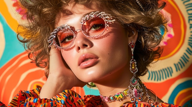 Une femme à la mode avec des lunettes de soleil ornées posant contre un portrait psychédélique vibrant