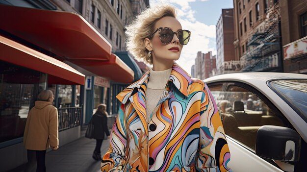 Une femme à la mode en lunettes de soleil se promène dans la ville